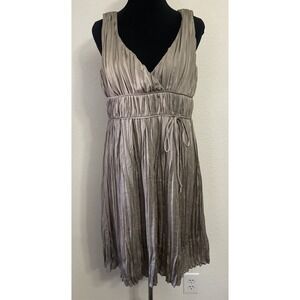 Banana Republic Satin Taupe‎ Pleated V Neck Sleeveless Midi Dress Size 10